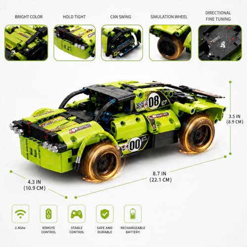 Remote Control Car Building Toys for Age 8-13 Fun STEM Toys for Kids 2 in 1 Model Car Kit to Build Educational Engineering Building Blocks Set Birthday Gift for 7 8 9 10+ Year Old Boys - color: Green Car