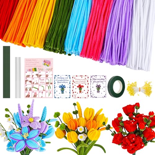 Anyeve 800PCS Pipe Cleaners Flower Kit, Pipe Cleaner Bulk Craft Flower Making Kit with Instruction, 8 Colors Thick Chenille Stems for Arts DIY Craft Supplies with Gardening Tape, Floral Wires, Stamen
