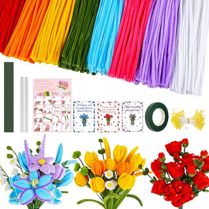 Anyeve 800PCS Pipe Cleaners Flower Kit, Pipe Cleaner Bulk Craft Flower Making Kit with Instruction, 8 Colors Thick Chenille Stems for Arts DIY Craft Supplies with Gardening Tape, Floral Wires, Stamen
