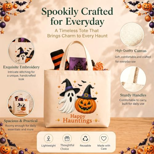 ARTopet Embroidery Tote Bag Kit for Beginners Halloween Canvas Cross Stitch Handbag with Hoops Needles Threads Reusable Grocery Bag for Women-Pumpkin Ghost - color: Pumpkin Ghost