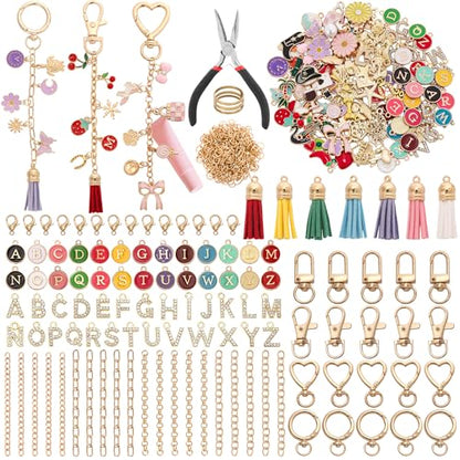 Koruhi 418pcs Charms Lip Gloss Keychain Making Kit,Cute Gold DIY Keychain Supplies Including Organizer Box,Pliers, Tassels, Enamel Letter Charms,Complete Key Chain Kits for DIY Craft Gifts(418, Gold)