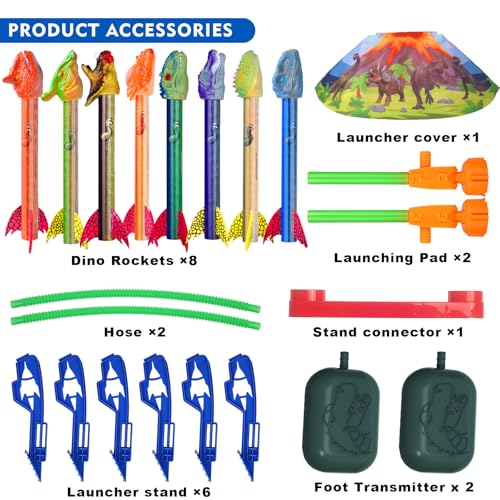 Gizzjoy Dinosaur Rocket Launcher for Kids - Launch Up to 100 Ft, 8 Rockets and 2 Pads for Multi-Player, Dinosaur Toys, Birthday Gift Ideas, for 3 4 5 6 7 Year Old Boys, Outdoor Outside - style: Double Dinosaur Rocket Launcher