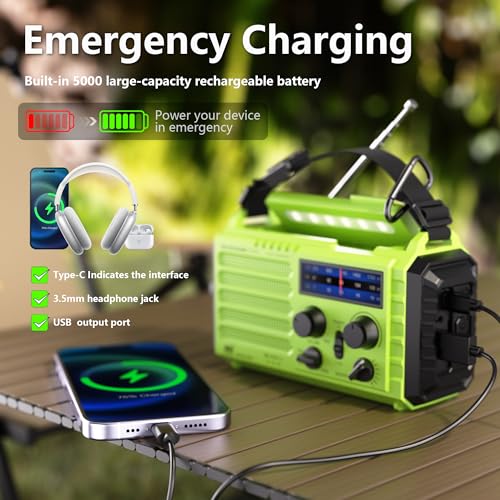Emergency Weather Radio Battery Powered 5000mAh/18500mWh, Solar Hand Crank - color: Light Green