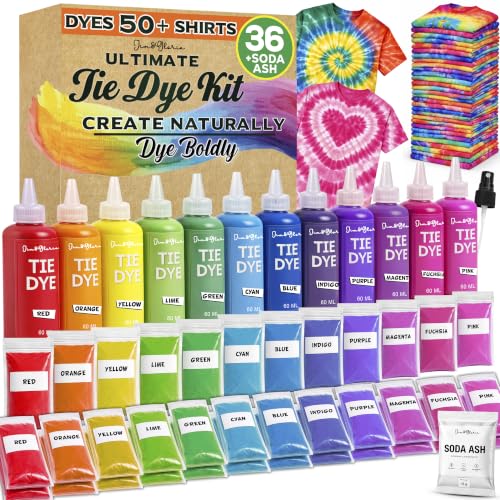 Jim&Gloria Tie Dye Kit, 36 Tiedye Powder 12 Larger Bottles Fabric Dyes for Clothing, Permanent Dye with Soda Ash Tie Dye Kits for Large Groups Paint Party Summer Activities DIY Crafts
