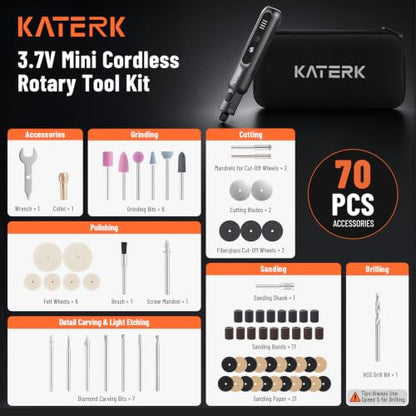 Katerk 3.7V Mini Cordless Rotary Tool, 5-Speed 70 Pcs Kit for Crafts DIY