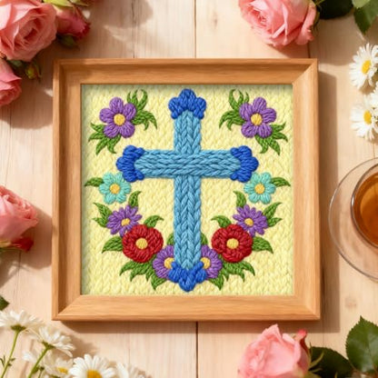 INFUNLY Cross Flowers Punch Needle Kits for Beginner Adult Floral DIY Punch Needle Embroidery Starter Kit for Wall Hanging Blue Cross Needlepoint Kit with Instruction for DIY Crafts Gift Home Decor - style: Cross Flowers