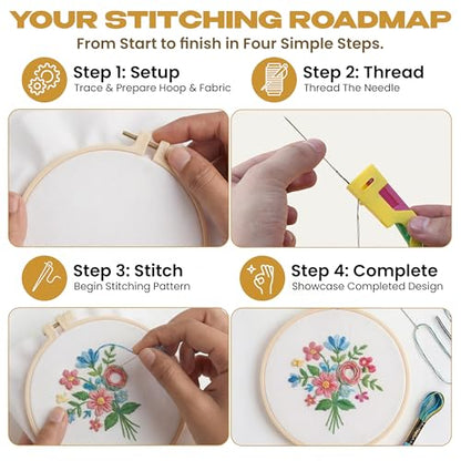 KEFF Craft Embroidery Kit for Beginners - 100 Embroidery Thread Colors, 4 Hoops, Scissors, Needles, Pins, Blank Fabrics & Tools – Cross Stitch Supplies, Cross Stitch Kits, Arts and Crafts for Adults