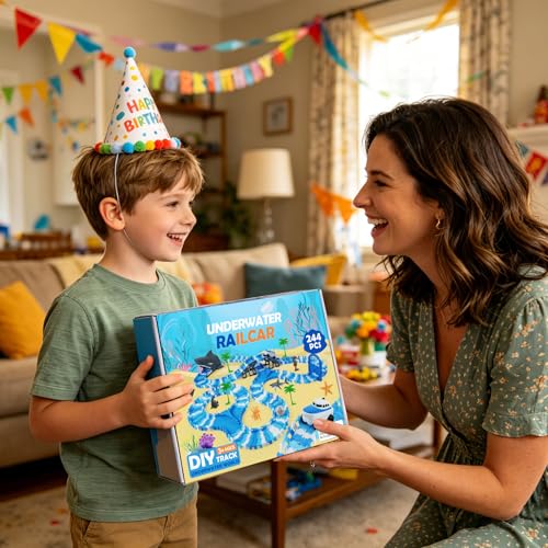 Ocean Theme Flexible Race Car Tracks for Kids, Birthday Gift for Boys Age 3 4 5 6 7 Years Old, 240+ PCS Buildable Car Track Playset with Shark Tunnel and Sea Creature Accessories - color: Ocean Race Car Tracks