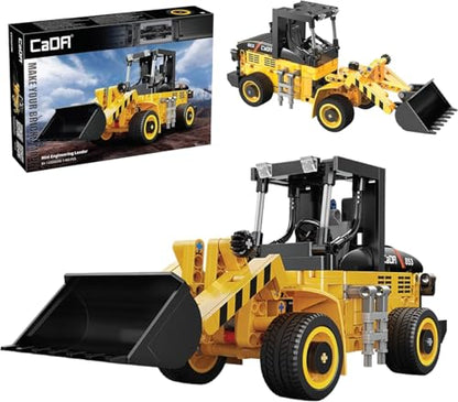 CADA Bricks Front Loader Tractor Building Kit – 403 Pieces Mini Engineering Loader Construction Set with Articulated Steering and Moving Bucket - color: Front Loader