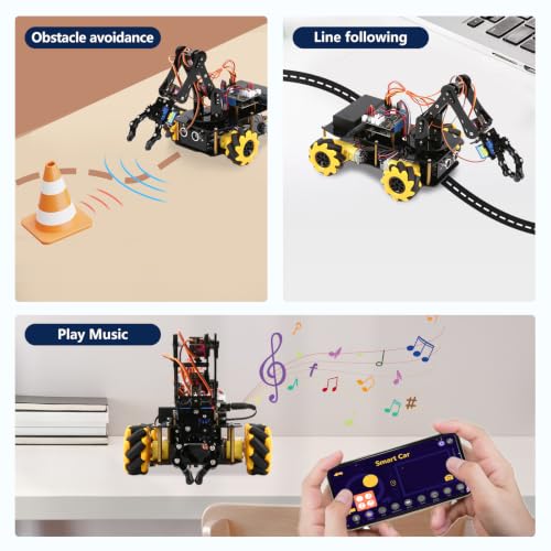 ACEBOTT 5DOF Robot Arm Car Kit, ESP32 Programmable Coding Robot with 4WD App & Remote Control, Arduino Python Blockly Compatible STEM Robotics Building Kit for Kids 12+ Teens and Adults
