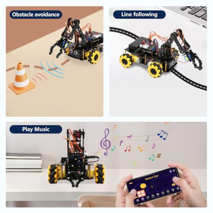 ACEBOTT 5DOF Robot Arm Car Kit, ESP32 Programmable Coding Robot with 4WD App & Remote Control, Arduino Python Blockly Compatible STEM Robotics Building Kit for Kids 12+ Teens and Adults