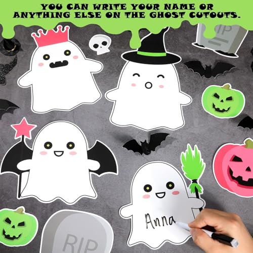 Halloween Ghost Bulletin Board Decoration Witch Bat Pumpkin Spider Web Paper Cutouts Boo Ghost Pattern Classroom Decor Halloween Party Bulletin Board for School Chalkboard Wall Decor Teacher Supplies - style: Cute Ghost