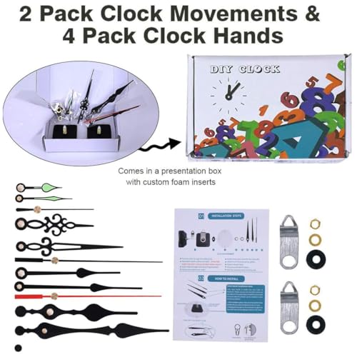 EMOON 2 Pack Non Ticking Clock Mechanism with 4 Pack Clock Hands, Clock Movement Motor Kit for Clock Repair, Replacement and Custom Clock (Total Shaft Length 7/8 in) - size: Total Shaft Length 7/8 in