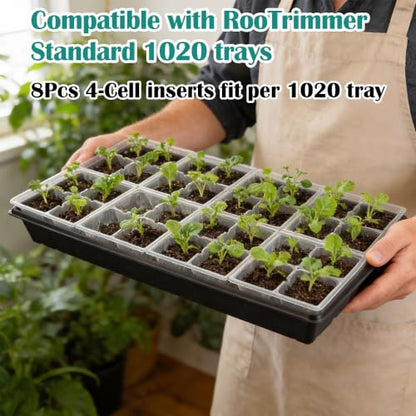 RooTrimmer 5 Pack Heavy Duty 1020 Trays and 40 Pack Clear 4 Cell Seed Starter Trays with Large Drainage Holes, Easy Transplant - for Seed Germination & Plant Propagation (5 Sets)