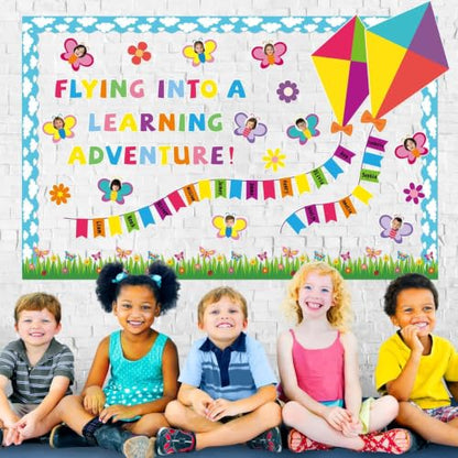 Classroom Bulletin Board Decoration Welcome Back to School Bulletin Board Amazing Things Happen Here Classroom Decor Pastel Rainbow Motivational Cutout for Elementary Home Chalkboard Wall Door Decor - style: Butterfly Kite