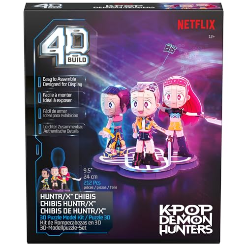 4D Build Kpop Demon Hunters HUNTR/X Chibi Character 3D Puzzle Model Kit - style: Rumi, Zoey & Mira with HUNTR/X Logo, 212 pcs
