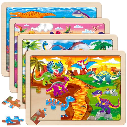 SYNARRY Large Dinosaur Wooden Puzzles for Kids Ages 4-6, 4-in-1 Gift Set - style: Dinosaur