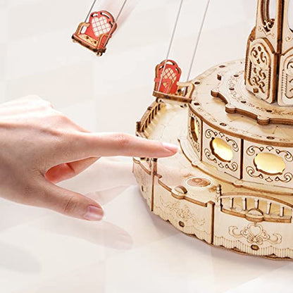 ROKR 3D Puzzles Wooden Music Box Kit with LED, Rotating Swing Ride Mechanical Model Kit DIY Wood Craft Hobbies Kit for Adults Birthday for Adults