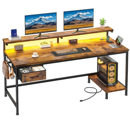 DurayLoly 47.2" Office Desk with Power Outlet & Monitor Stand,Rustic Brown - color: Rustic Brown, size: 47.2 IN