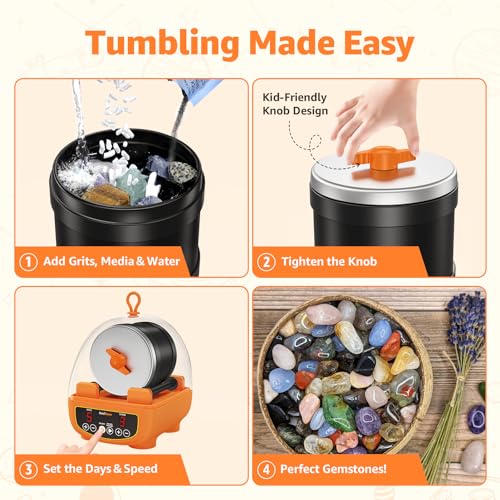 C5 Starter Rock Tumbler Kit for Kids & Beginners, Quieter Rock Polisher with Upgraded Noise-Reducing Cover, 3 Speeds, 9-Day Timer & Memory, Rocks, Grit & STEM Guide
