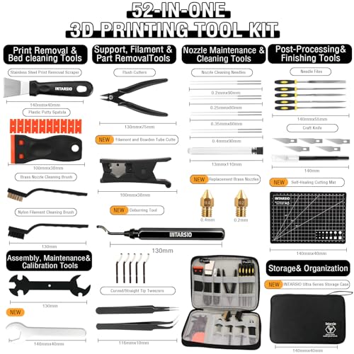 52-in-One 3D Printer Tools Kit, Professional 3D Printer Accessories & Maintenance Set for All FDM/SLA Printers, Deburring Tool, 3D Printer Nozzles, Scrapers, Files Set, PTFE Tube Cutter, Storage Bag - style: Plus-purpose Kit