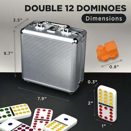 Queensell Mexican Train Dominoes Set with Wooden Hub, Domino Tile Board Games - Double 12 Dominos Set for Family Game Night for Adults and Kids Ages 8 and up (Double 12) - size: Double 12