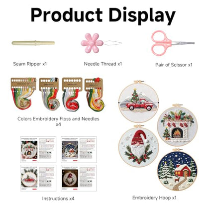 BBLYBD Christmas Embroidery Kit, 4 Set Embroidery DIY Starter Kit, Cross Stitch Kits with Pre-Printed Embroidery Fabric, Hoops, Step-by-Step Instructions, Color Threads & Needles (Christmas-4 Set) - color: Christmas-4 Set