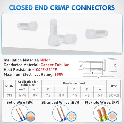 Nilight 300PCS CE2 Closed End Crimp Terminal 16-14 Gauge Nylon Insulated - color: 300PCS 16-14# Terminals