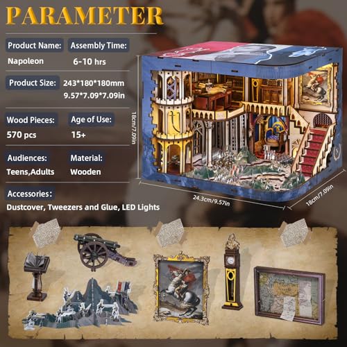 MiniCity Napoleon Book Nook Kit, DIY Wooden Miniature House Puzzle with LED - color: Napoléon