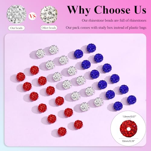Dowarm 255PCS 10mm Rhinestone Beads for Baseball Rhinestone Necklace Bracelet Jewelry Making, Round Polymer Clay Beads for Crafts Beaded Pens, DIY Shamballa Pave Disco Diamond Bead, White|Red|Blue - color: 03-White | Red | Blue