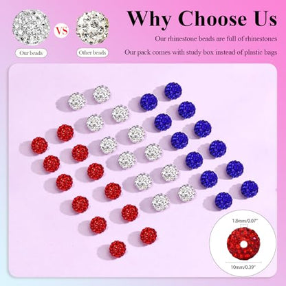 Dowarm 255PCS 10mm Rhinestone Beads for Baseball Rhinestone Necklace Bracelet Jewelry Making, Round Polymer Clay Beads for Crafts Beaded Pens, DIY Shamballa Pave Disco Diamond Bead, White|Red|Blue - color: 03-White | Red | Blue