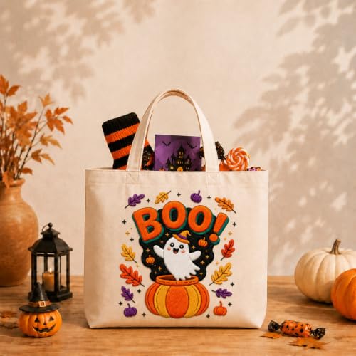 ARTopet Embroidery Tote Bag Kit for Beginners Halloween Canvas Cross Stitch Handbag with Hoops Needles Threads Reusable Grocery Bag for Women-Ghost Pumpkin - color: Ghost Pumpkin