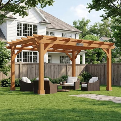 AMERLIFE 12x10 FT Outdoor Wooden Pergola, Large Solid Cedar Wood Pergola Kit with Slatted Roof Design, Heavy-Duty Frame for Backyard, Patio & Garden, Red-Brown Finish - size: 12x10 FT