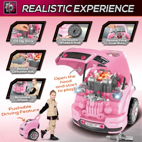 Qaba Truck Engine Toy Kids Mechanic Set with Lights for Kids Aged 3+ Pink - color: Pink