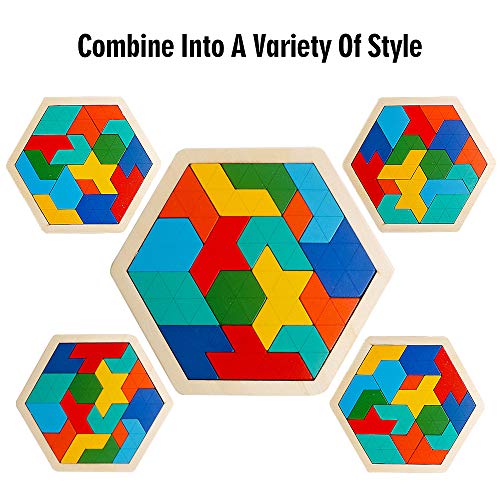 Wooden Hexagon Puzzle, Geometry Logic IQ Brain Blocks for Kids & Adults - style: Puzzle 2- Triangle Rainbow