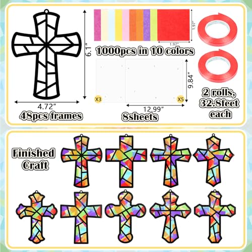 Renbuzhu 48PCS Sunday School VBS Crafts Bulk: Paper Cross Nativity Suncatchers, Jesus Religious Christian Activity DIY Kits Church Decorations, Window Stained Glass Effect Art Supplies - style: religious cross