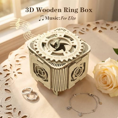 3D Wooden Puzzles Music Box for Adults, Mechanical Jewelry Storage Box, Wooden Ring Box Model Kits, Unique Gifts for Birthday, Anniversary, Mother's Day, Wedding - color: Light Birch
