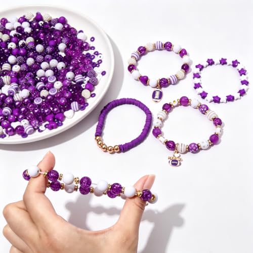 2200PCS+ Game Day Beads Charms for Bracelet Making Polymer Clay Beads Crystal Pearl Letter Gold Spacer Beads Football Charms for Game Day Bracelet Necklace Making DIY Crafts - color: Purple White