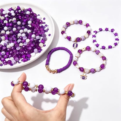 2200PCS+ Game Day Beads Charms for Bracelet Making Polymer Clay Beads Crystal Pearl Letter Gold Spacer Beads Football Charms for Game Day Bracelet Necklace Making DIY Crafts - color: Purple White