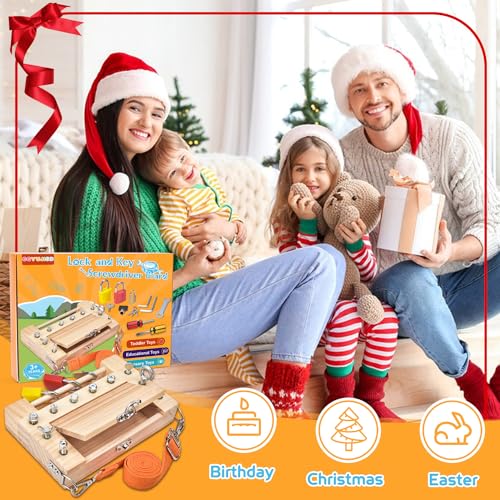 Montessori Screwdriver Board -Lock and Key Toy Set for Kids, Storage Wooden Tools Preschool Toys for 3 4 5 +Year Old, Fine Motor Skills Toys
