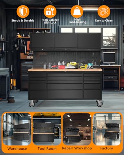 75" Tool Chest Tool Box, Heavy Duty Tool Chest Cabinet with 15 Drawers and 3 Upper Cabinets Combination Tool Cabinet, Large Tool Bench Organizer with Wood Top and Pegboard for Garage, Black - size: 72 in wIth 15 Drawers