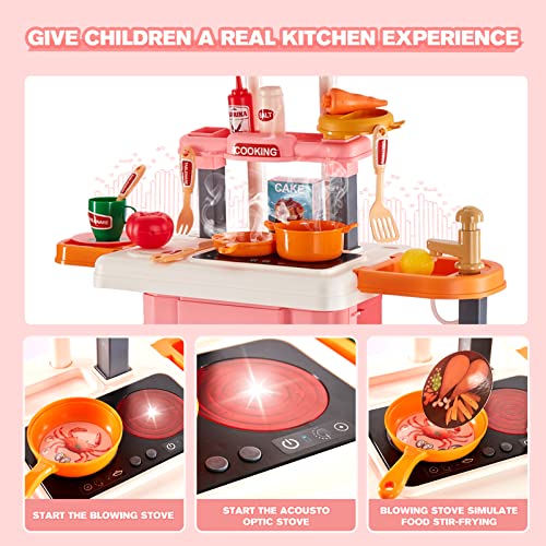 3-in-1 Kids & Toddler Play Kitchen - Interactive Kitchen Playset with Real Cooking Sounds & Lights, 50 Accessories & Flowing Water Feature, Portable Travel Suitcase Design Learning Toys for Ages 2-6 - color: Kitchen Playset