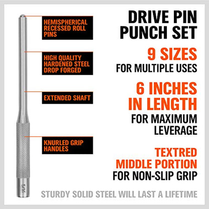 9-Piece Roll Pin Punch Set - Fast Pin Removal - Durable Steel & Construction - For Automotive, Firearm Maintenance, Watch, Jewelry & Craft Repair - Knurled Grip - Versatile Sizes