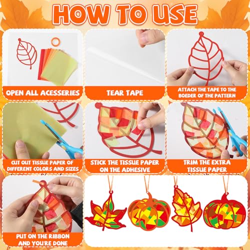 Qyeahkj 36 Set Fall Suncatchers Crafts for DIY Autumn Window Tissue Paper Crafts Kit Maple Leaves Pumpkin Hanging Decor for Thanksgiving Home Activity Art Project Birthday Party Favor Gift - style: Maple Leaves Pumpkin