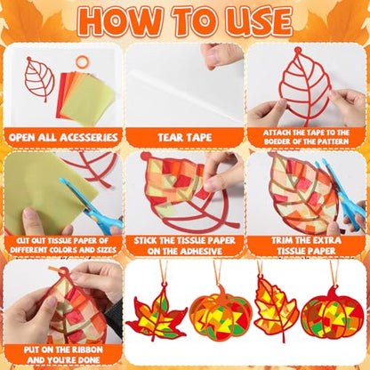 Qyeahkj 36 Set Fall Suncatchers Crafts for DIY Autumn Window Tissue Paper Crafts Kit Maple Leaves Pumpkin Hanging Decor for Thanksgiving Home Activity Art Project Birthday Party Favor Gift - style: Maple Leaves Pumpkin