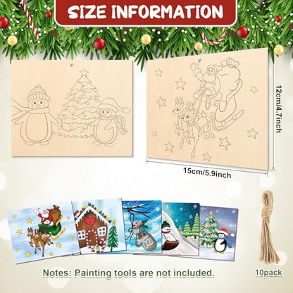 COCHIE 10 Pieces Large Christmas Unfinished Wood Crafts to Paint for Adults, Bulk Winter Predrilled Wooden Ornaments for Painting, Peppermint Candy House Paintable Wood Slices Craft Supplies - color: XMAS B