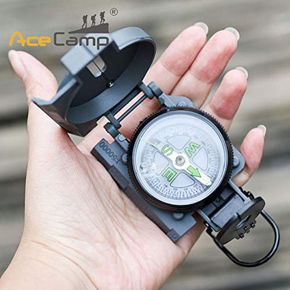 AceCamp Folding Metal Compass, Foldable & Portable Compass, Professional Multifunctional Metal Compass with Metal Sight Line & Magnifying Glass for Hiking, Camping, Backing - style: Black Large