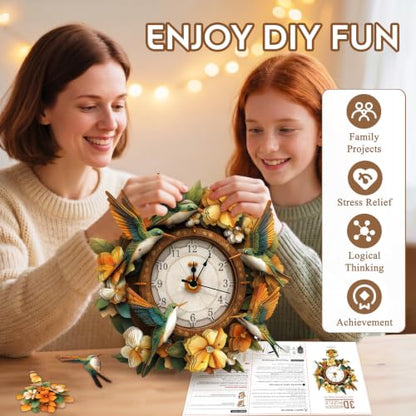 3D Puzzles for Adults Wooden Hummingbird Puzzle Clock Adult Crafts - color: Hummingbird Clock