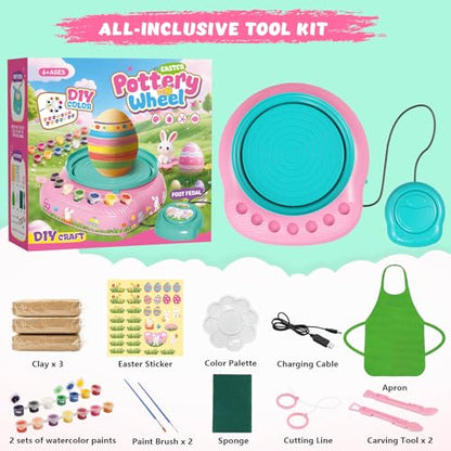 Pottery Wheel for Kids with Air Dry Clay Kit, 12 Paints & Tools, Ages 6-12 - color: pink/cyan