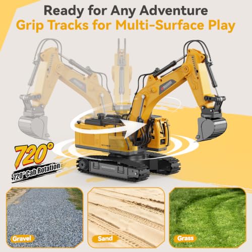 Remote Control Excavator Toy for Boys, 2.4GHz RC Excavator Toys with Metal Bucket, 12-Channel Construction Vehicle with Mist/Lights/Sound, 2x1200mAh Batteries, STEM Birthday Gift for Kids 8-12 - size: 13.4*4.5*6.9IN